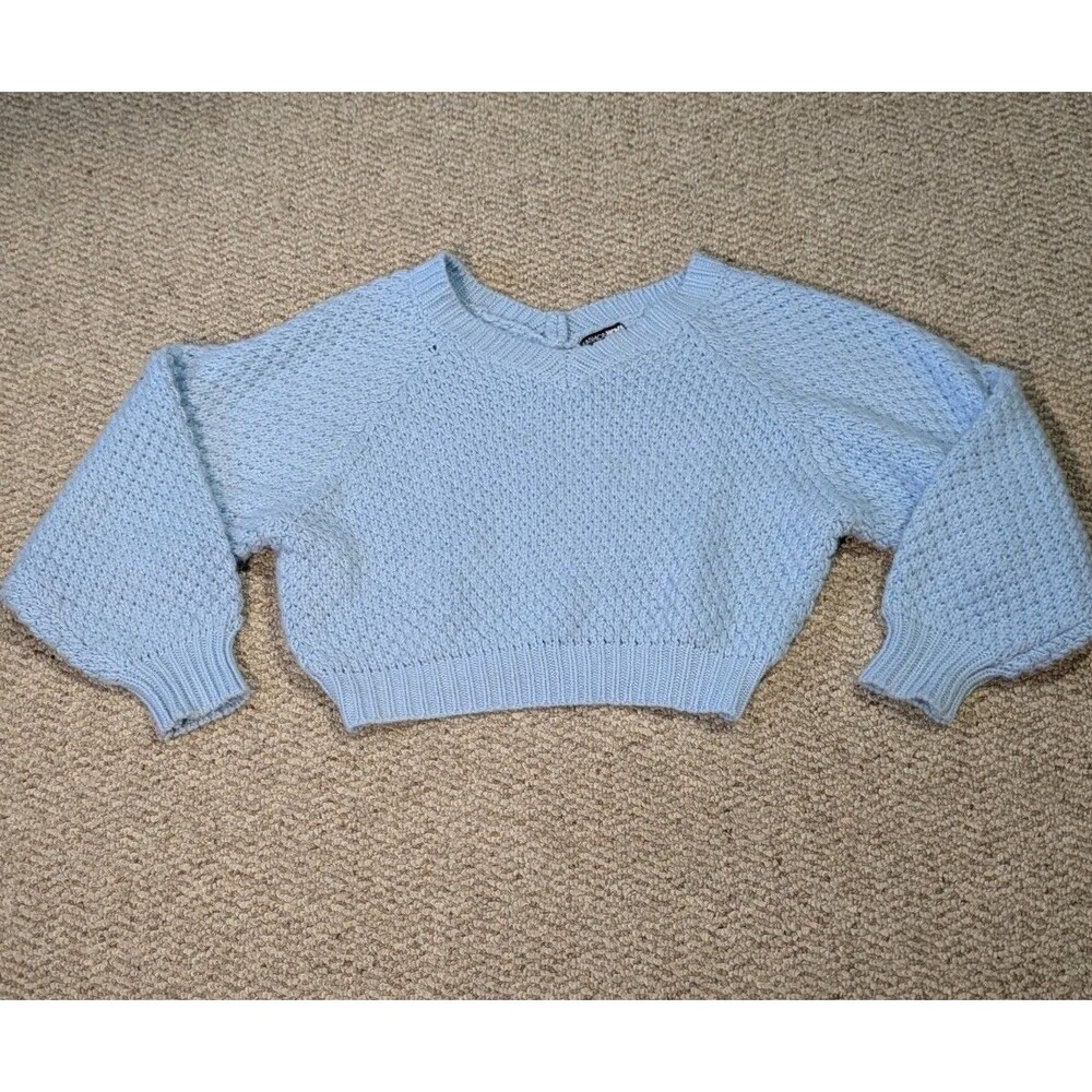 Fashion Nova Chunky Knit Sweater Small Blue V Neck Cozy Crop